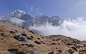 下山路上遇到冰溜子，山上流水漫过路面，上冻后堵路成冰，路外面是河谷高崖，我们小心翼翼走了过去。白云是片浮云，等我们走到气温已升高，白云随之升到半空，挂在对面雪山的山腰，笼罩河谷对岸的小山村。景色极美，这里是农牧结合地，我们身边的高地是放牦牛的牧场，远处山村旁有一块块圈起来的耕地。